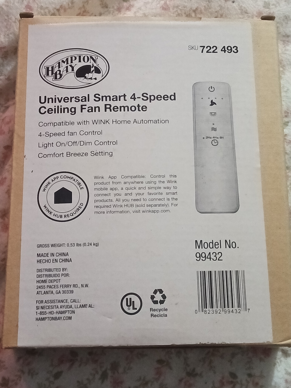 Hampton Bay Universal Smart 4-Speed Ceiling Fan Remote Control (99432)
